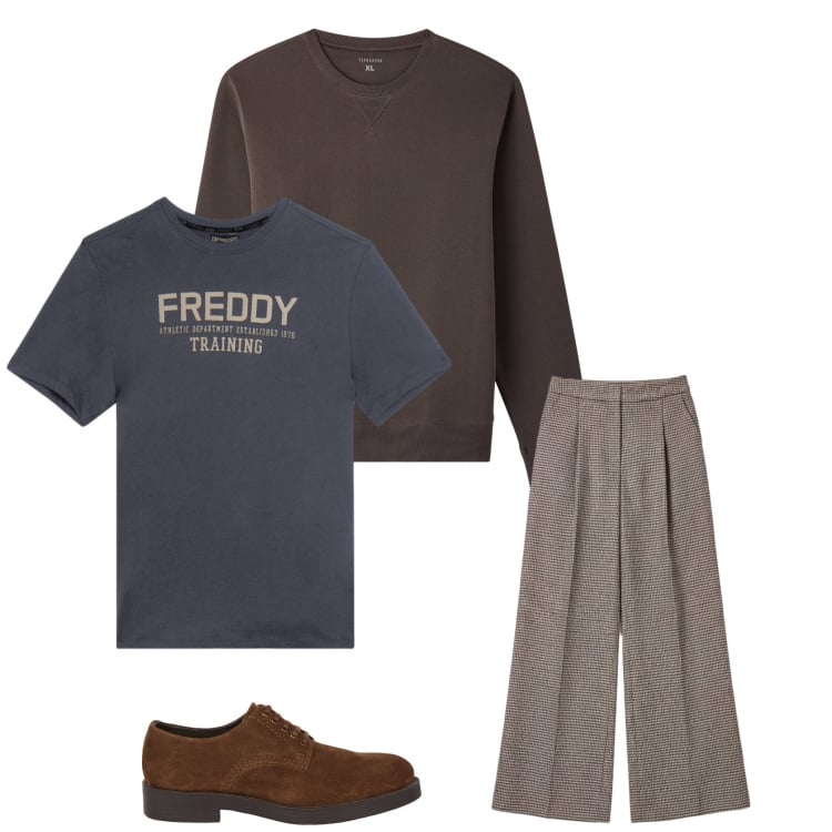 Outfit uomo - L\'Eleganza del Tempo Libero. Stile Trendy per Tutti i giorni. Abbinamento con felpe, t-shirt, pantaloni a palazzo, scarpe stringate.