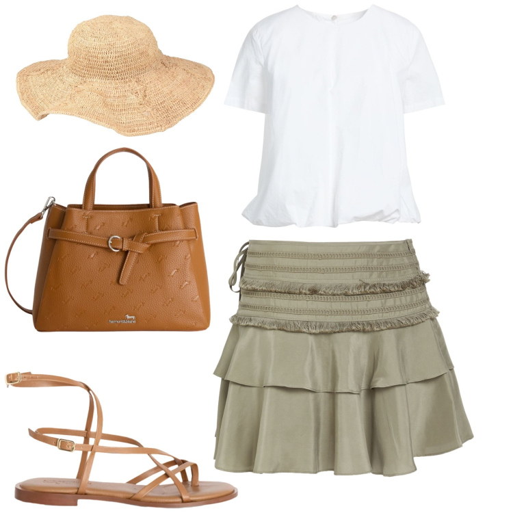 Outfit donna - New season. Stile Casual chic per Tutti i giorni. Abbinamento con minigonne, cappelli, top, borse a mano, sandali in pelle.