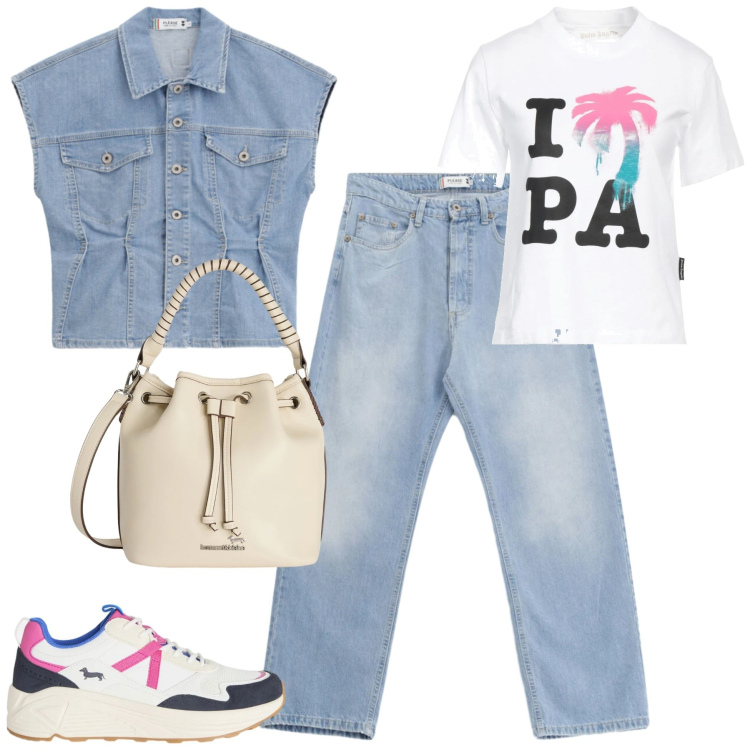 Outfit donna - Spring. Stile Casual chic per Tutti i giorni. Abbinamento con t-shirt, borse a secchiello, sneakers, jeans, gilet.