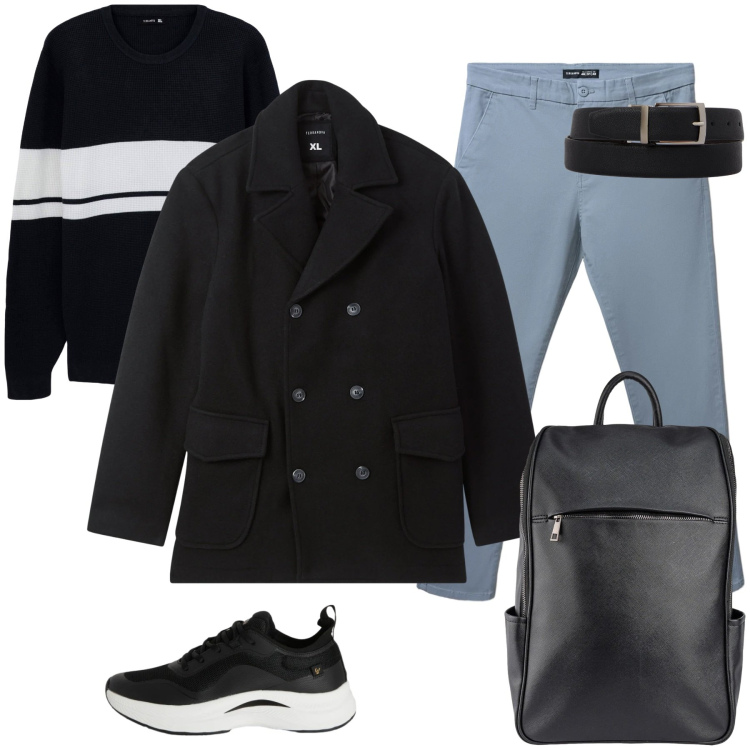 Outfit uomo - Total look #2347406. Stile Urban per Tutti i giorni. Abbinamento con maglieria, pantaloni chino, caban, sneakers, cinture, borse sportive.