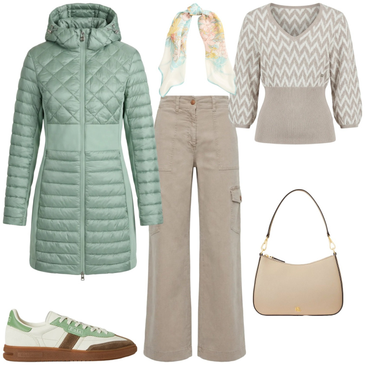 Outfit donna - Trendy ufficio tempo libero. Stile Trendy per Ufficio. Abbinamento con piumini, pantaloni cargo, maglieria, sneakers, borse a spalla, foulard.