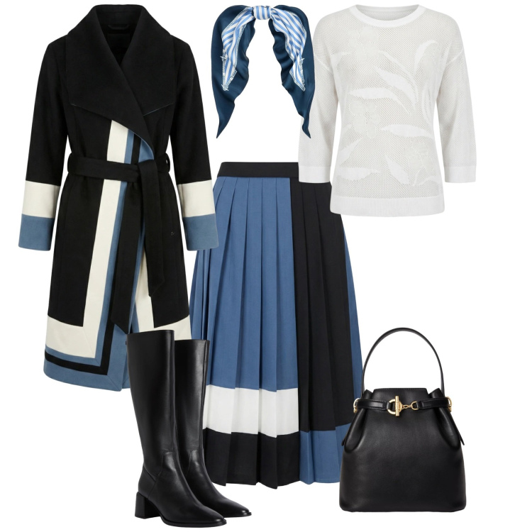 Outfit donna - Minimal ufficio tempo libero. Stile Minimal per Ufficio. Abbinamento con gonne longuette, cappotti, stivali sopra il ginocchio, maglieria, foulard, borse a secchiello.