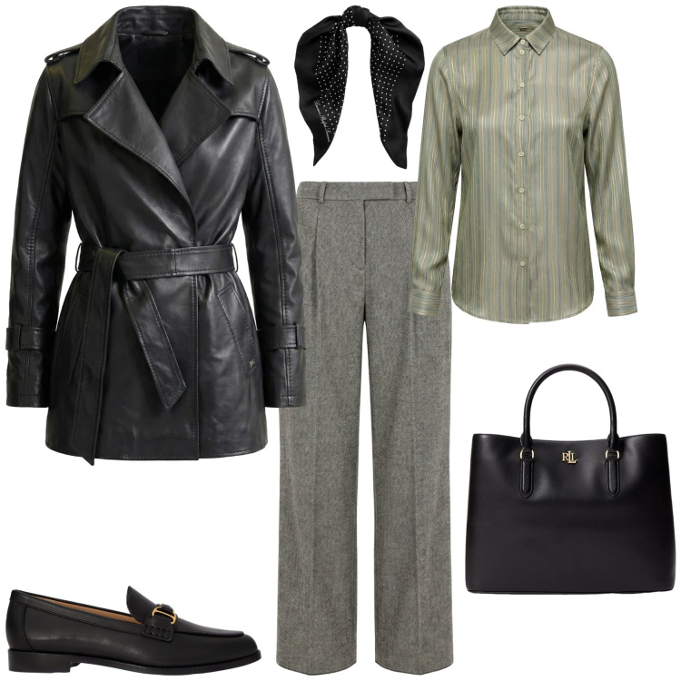 Outfit donna - Mannish ufficio tempo libero. Stile Mannish per Ufficio. Abbinamento con camicie, giacche, pantaloni, borse a mano, foulard, mocassini.