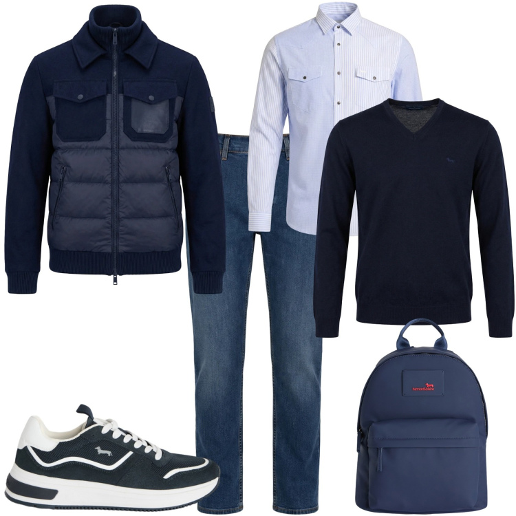 Outfit uomo - Trendy ufficio tempo libero. Stile Trendy per Tutti i giorni. Abbinamento con bomber, jeans, pullovers, borse sportive, camicie, sneakers.