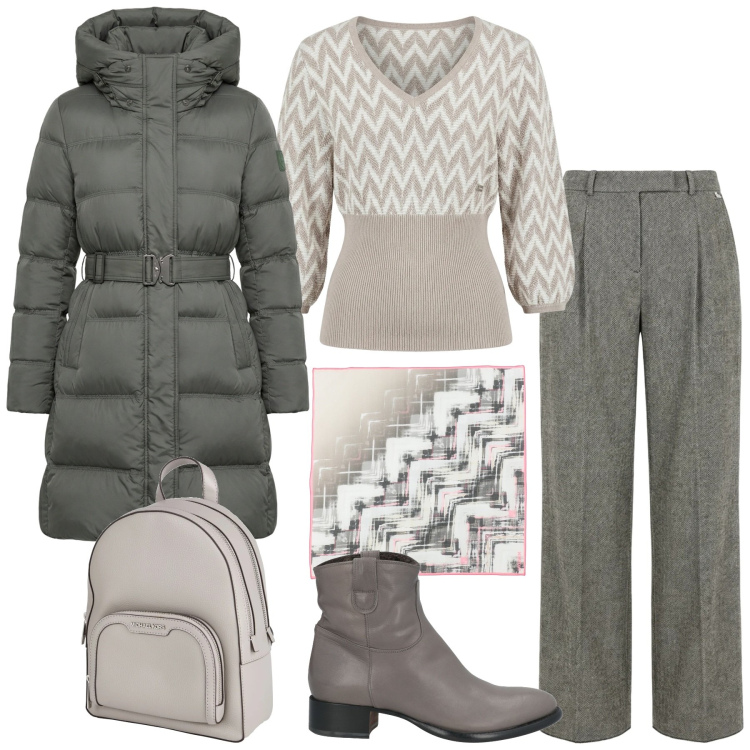 Outfit donna - Total look #2347425. Stile Urban per Ufficio. Abbinamento con stivaletti, zaini, sciarpe, maglieria, piumini, pantaloni.