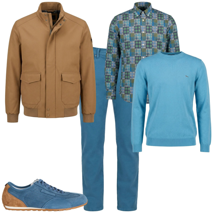 Outfit uomo - Trendy ufficio week end. Stile Trendy per Tutti i giorni. Abbinamento con sneakers, pantaloni, camicie, pullovers, bomber.