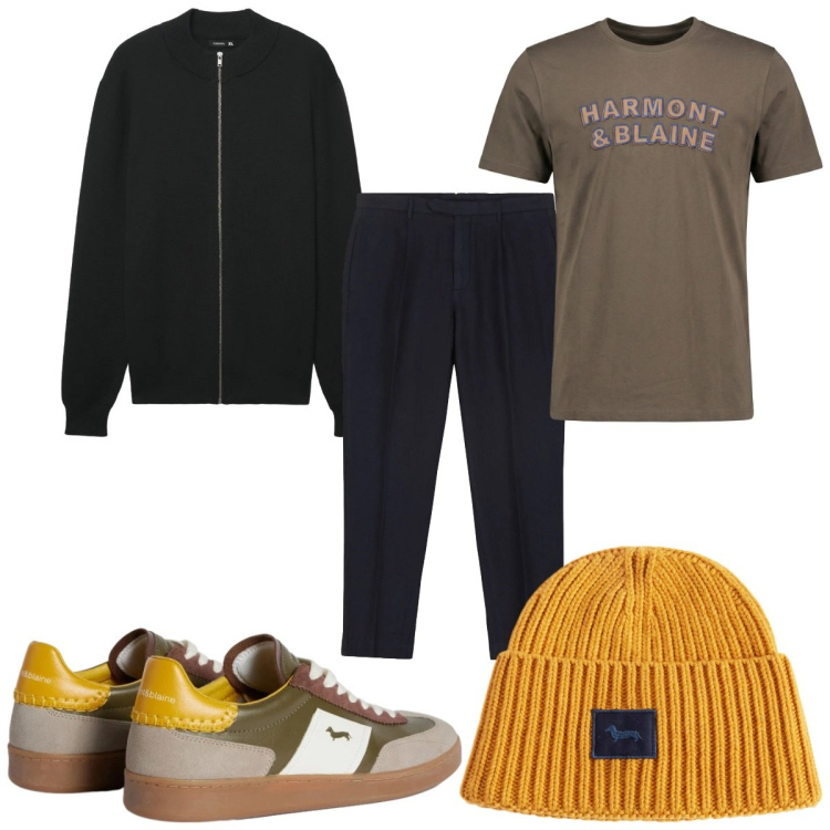 Outfit uomo - Total look #2347431. Stile Trendy per Tutti i giorni. Abbinamento con sneakers, t-shirt, berretti, cardigans, pantaloni.