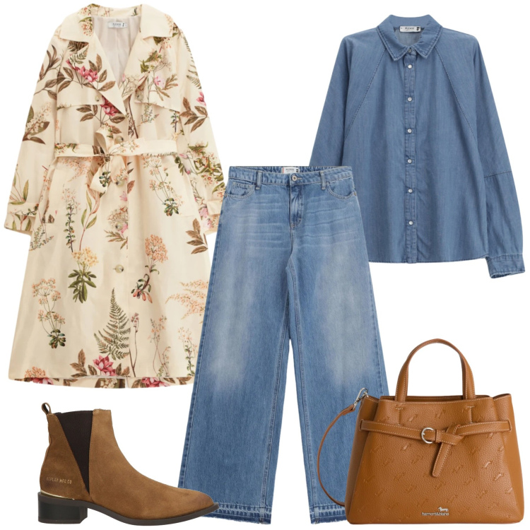 Outfit donna - Total look #2347432. Stile Romantica per Tutti i giorni. Abbinamento con stivaletti texani, borse a mano, trench, jeans, camicie.