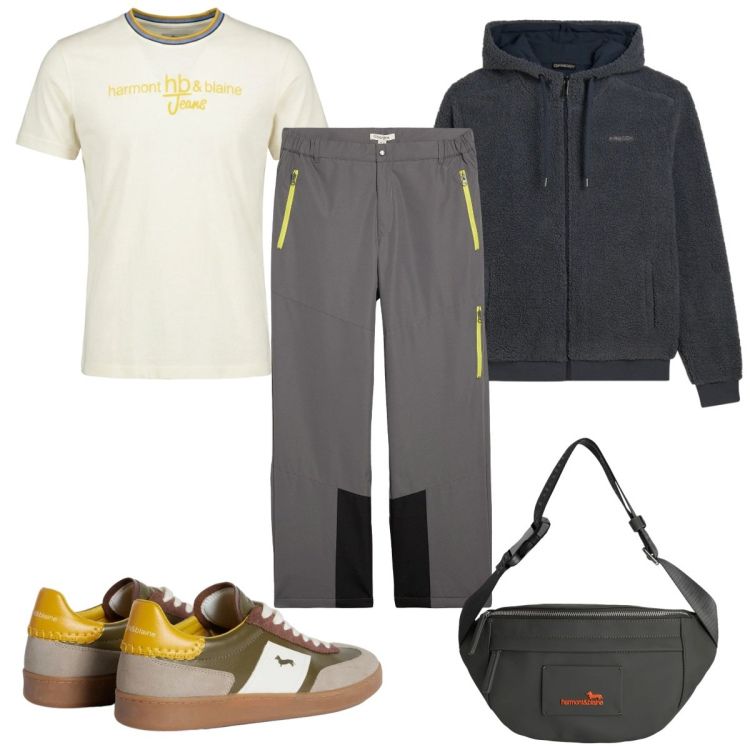 Outfit uomo - Total look #2347434. Stile Trendy per Sport. Abbinamento con pantaloni, sneakers, t-shirt, borse sportive, felpe con cappuccio.