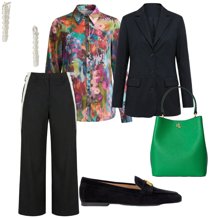 Outfit donna - Luminosa. per Serata fuori. Abbinamento con pantaloni, camicie, blazer, orecchini, mocassini, borse a secchiello.