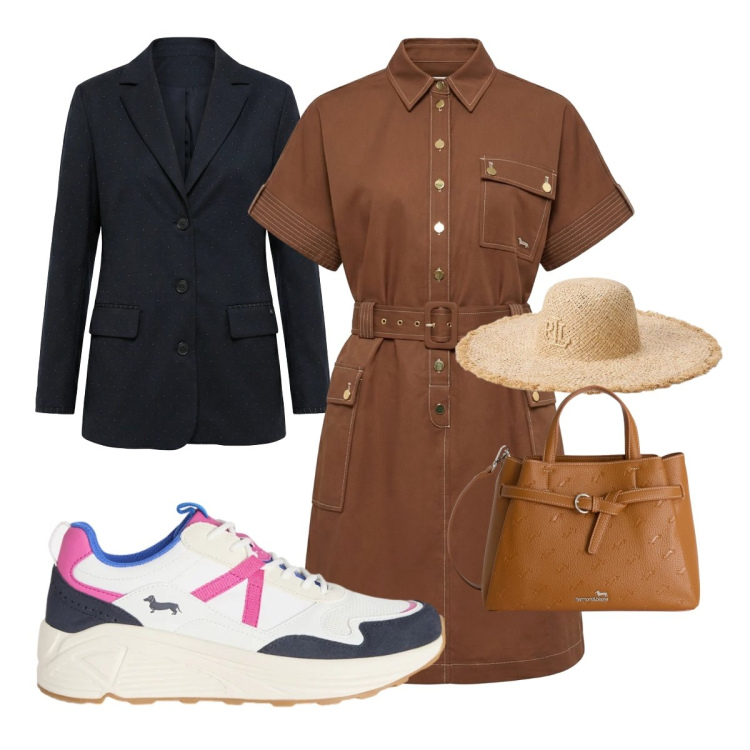 Outfit donna - Raffinata e luminosa e sporty. Stile Sporty chic per Tutti i giorni. Abbinamento con sneakers, borse a mano, vestiti chemisier, blazer, cappelli.