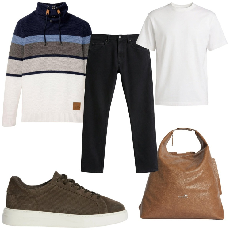 Outfit uomo - Total look #2347439. Stile Casual per Tutti i giorni. Abbinamento con maglieria, jeans, sneakers, t-shirt, borse sportive.