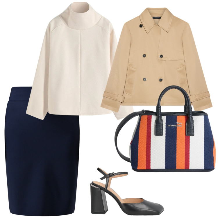 Outfit donna - A lavoro. per Ufficio. Abbinamento con décolleté, maglieria, shopping bag, trench, gonne.