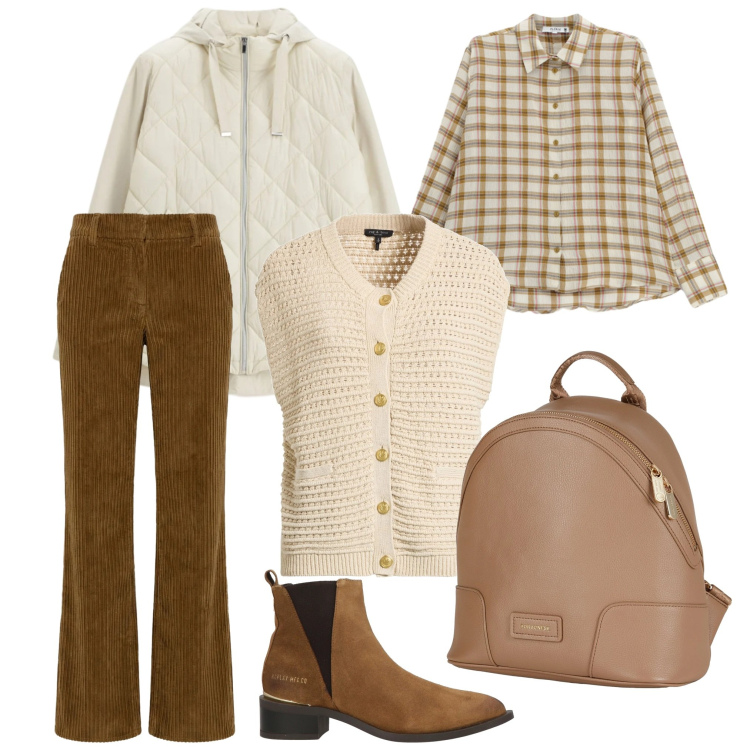 Outfit donna - Colori d\'autunno. Stile Basic per Tutti i giorni. Abbinamento con zaini, cardigans, stivaletti texani, pantaloni, giacche, camicie.