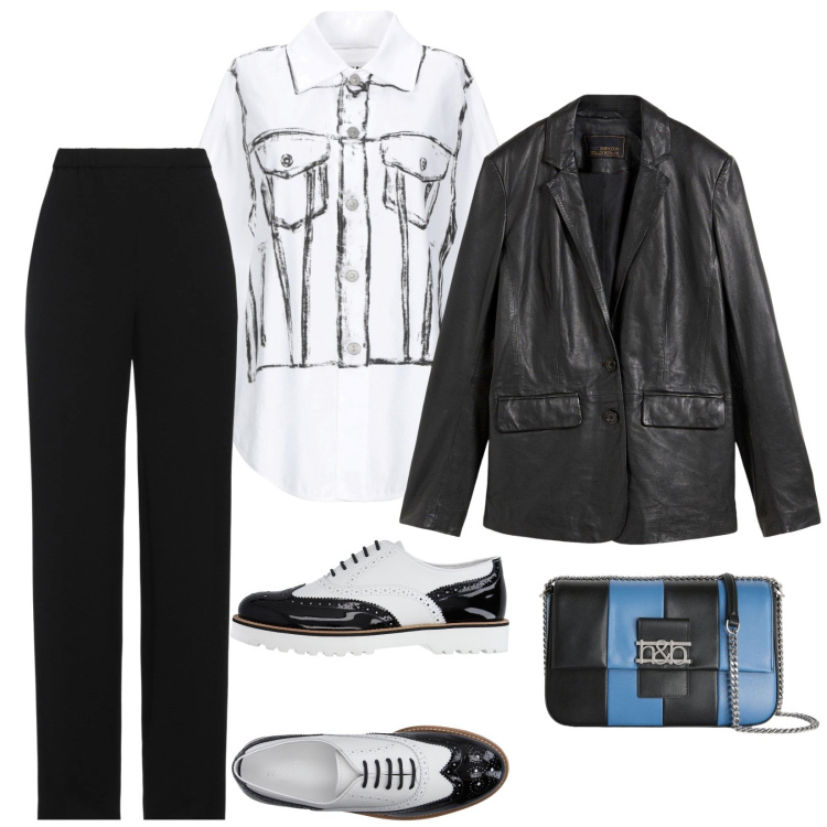 Outfit donna - Urban by night. per Serata fuori. Abbinamento con pantaloni, camicie a manica corta, scarpe stringate, blazer, borse a tracolla.