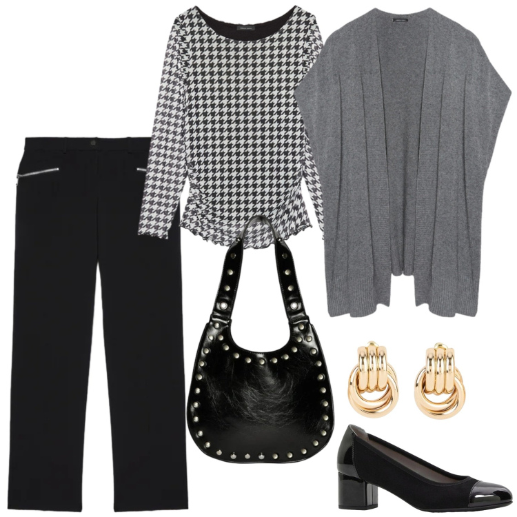 Outfit donna - Total look #2347448. Stile Casual chic per Ufficio. Abbinamento con orecchini, décolleté, bluse, pantaloni, gilet, borse a spalla.