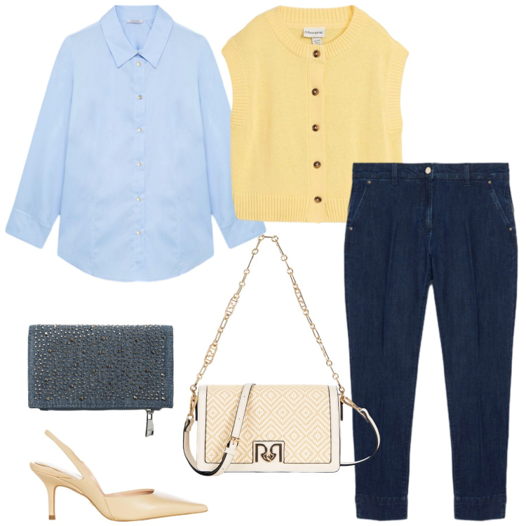 Outfit donna - Total look #2347454. Stile Casual chic per Ufficio. Abbinamento con maglieria, portafogli, camicie, jeans, décolleté, borse a tracolla.