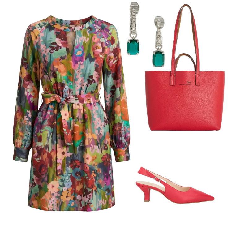 Outfit donna - Tempo libero con le amiche. Stile Casual chic per Tutti i giorni. look ideale per Petite. Abbinamento con décolleté, shopping bag, vestiti corti, orecchini.