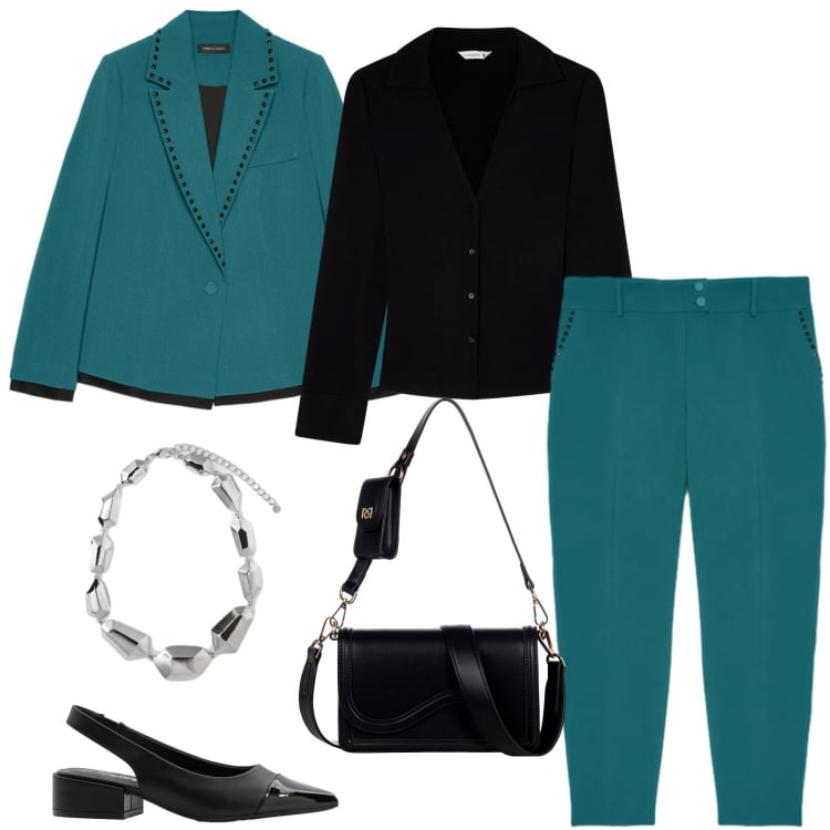 Outfit donna - Evento - cerimonia - ufficio. Stile Mannish per Ufficio. Abbinamento con décolleté, camicie, pantaloni chino, blazer, ciondoli, pochette.