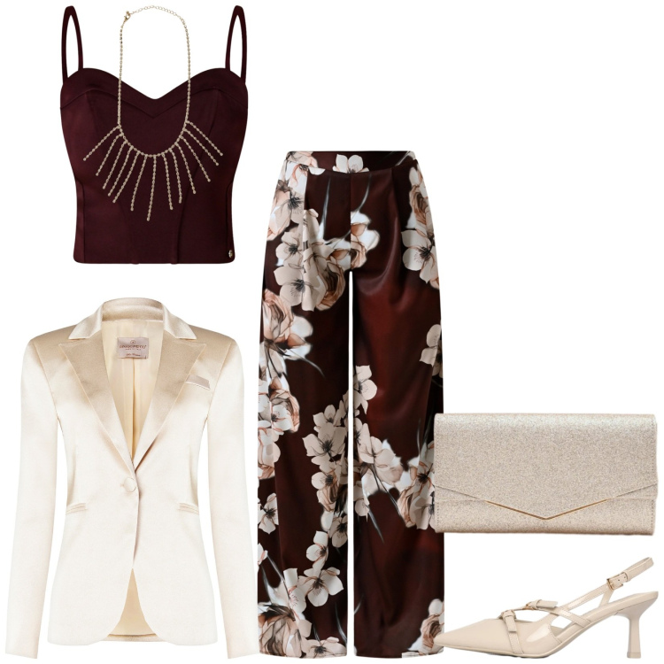 Outfit donna - Total look #2347463. Stile Chic per Cerimonia. Abbinamento con collane, décolleté, clutch, blazer, pantaloni a palazzo, top.