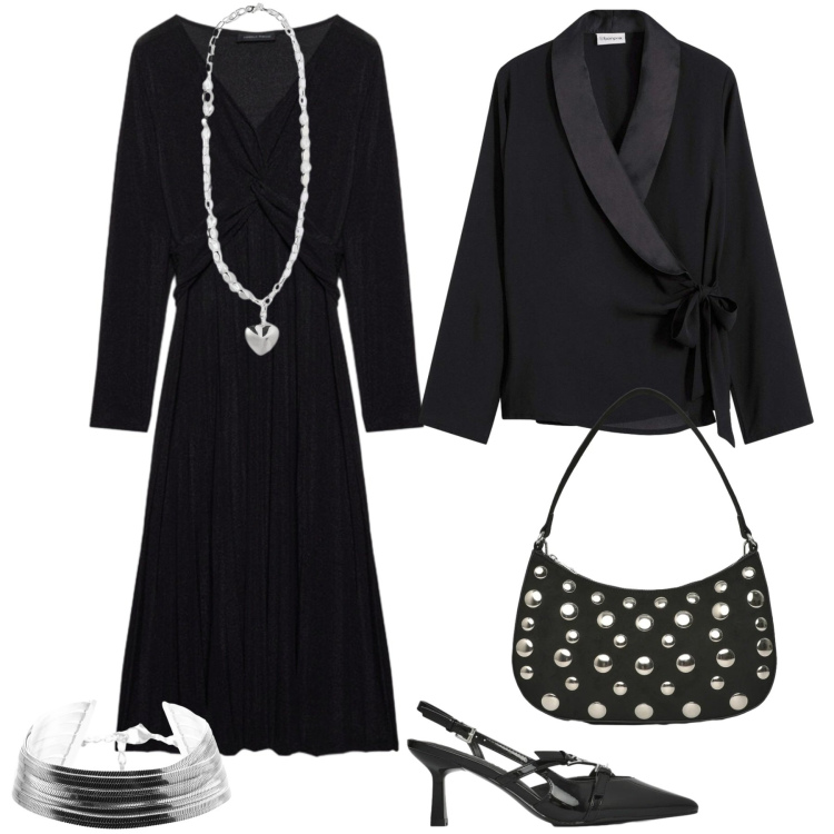 Outfit donna - Total look #2347469. Stile Chic per Serata fuori. Abbinamento con blazer, borse a tracolla, décolleté, vestiti lunghi, collane, braccialetti.
