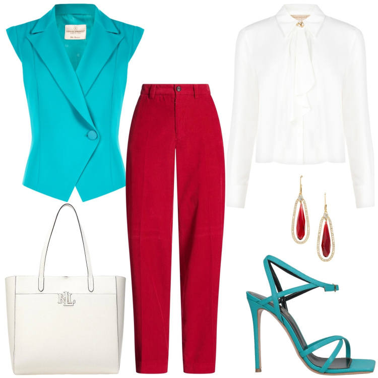 Outfit donna - Primavera. Stile Casual chic per Tutti i giorni. look ideale per Tall. Abbinamento con sandali in pelle, pantaloni, gilet, camicie, borse tote, orecchini.