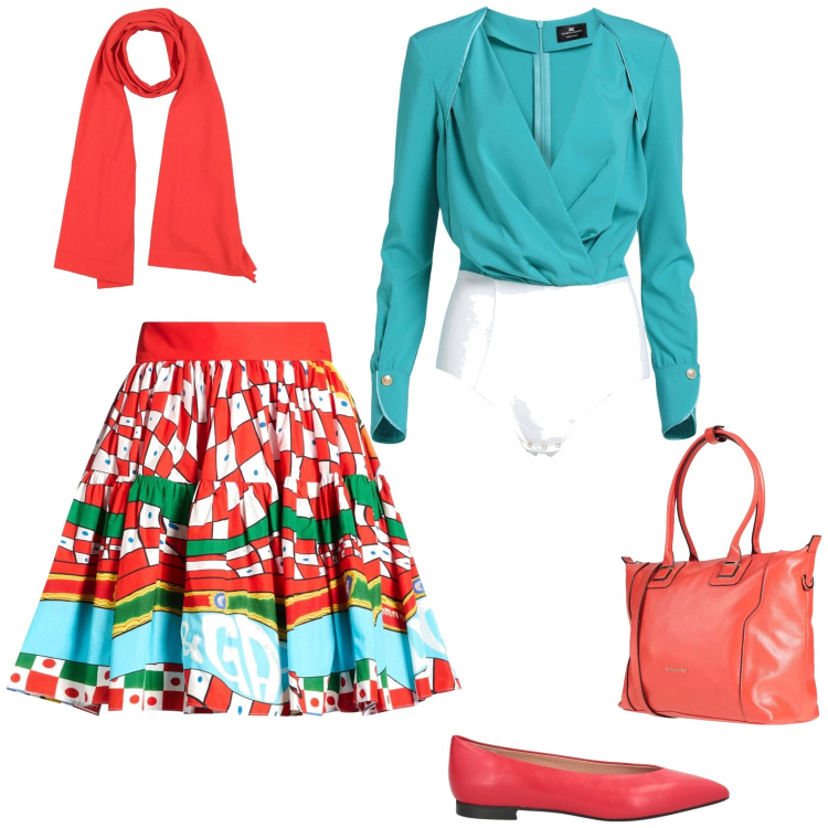 Outfit donna - Assaggio di primavera. Stile Glamour per Tutti i giorni. Abbinamento con body, minigonne, zaini, ballerine, sciarpe.