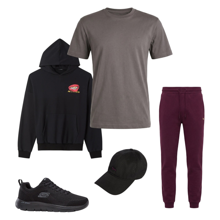 Outfit uomo - Comfort Totale e Toni Deep. Stile Trendy per Tutti i giorni. Abbinamento con sneakers, pantaloni, cappelli con visiera, t-shirt, felpe con cappuccio.