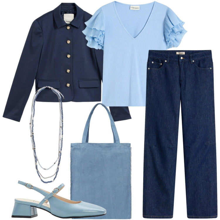 Outfit donna - Total look #2347493. Stile Casual chic per Tutti i giorni. Abbinamento con bluse, jeans dritti, blazer, décolleté, borse tote, collane.