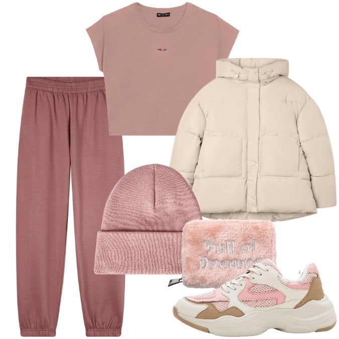 Outfit donna - Sporty chic. Stile Sporty chic per Sport. Abbinamento con sneakers, berretti, bomber, pantaloni, portafogli, t-shirt.