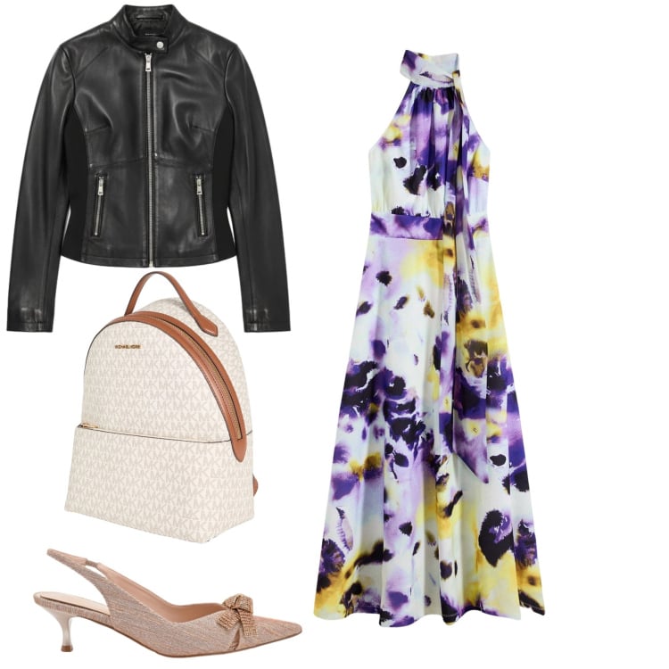 Outfit donna - Urban Floral & Leather Edge. Stile Casual chic per Tutti i giorni. Abbinamento con zaini, vestiti lunghi, giacche, décolleté.