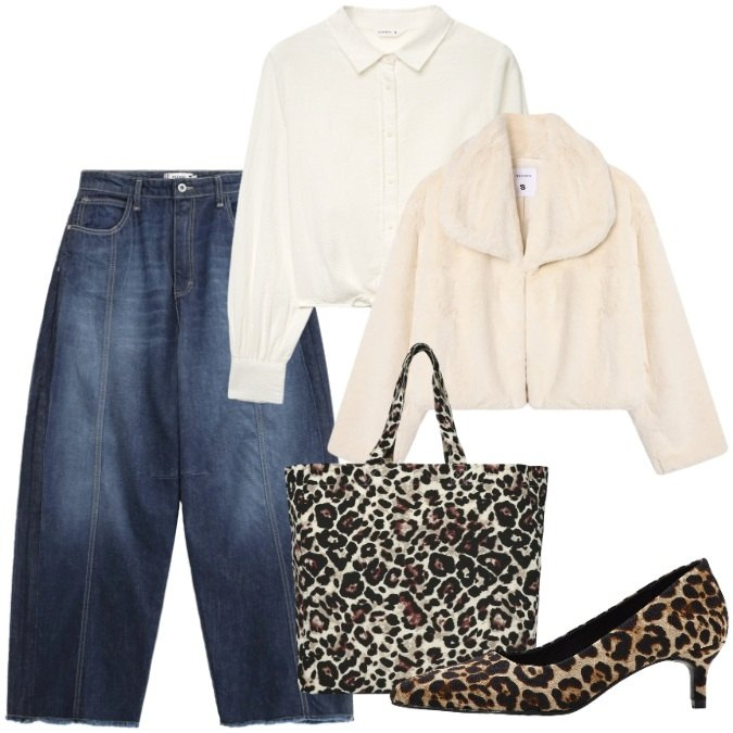 Outfit donna - Animalier. Stile Trendy per Tutti i giorni. Abbinamento con décolleté, camicie, ecopellicce, shopping bag, jeans.