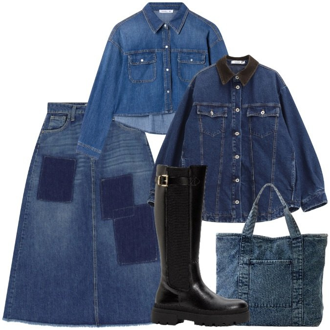 Outfit donna - Total denim. Stile 70s per Tutti i giorni. Abbinamento con shopping bag, stivali, camicie, gonne lunghe, blazer.