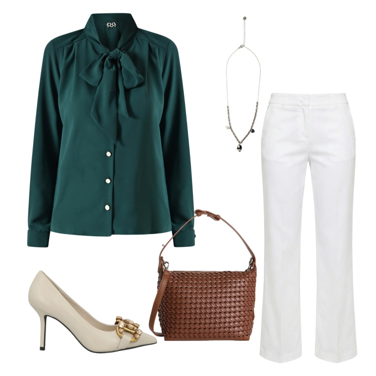 Outfit donna - Emerald Sophistication & Crisp White. Stile Casual chic per Tutti i giorni. Abbinamento con décolleté, pantaloni, borse a spalla, ciondoli, bluse.