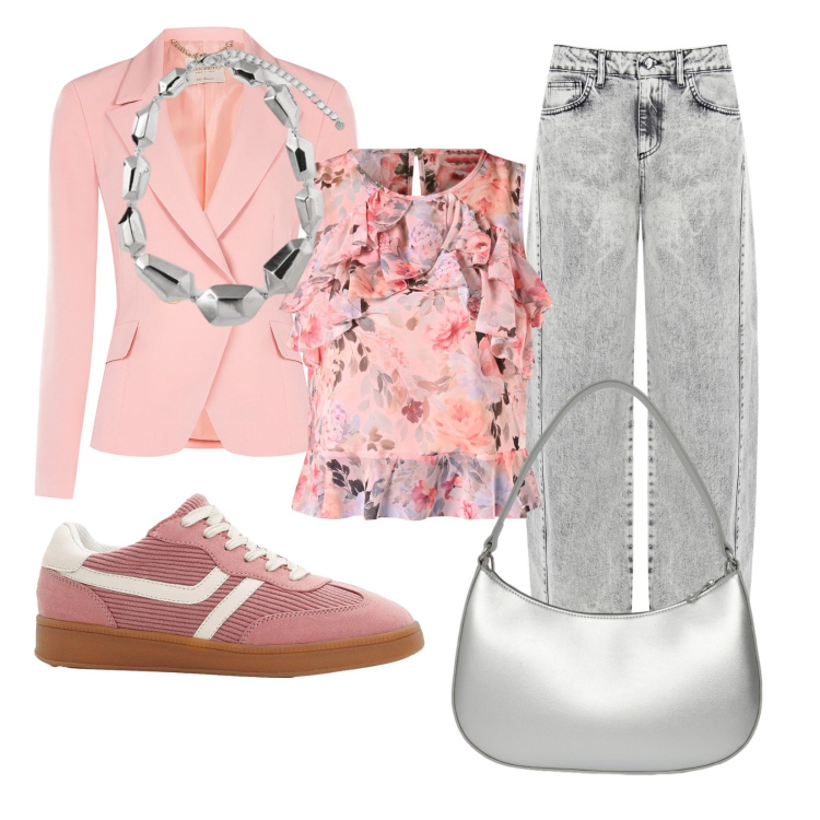 Outfit donna - Rose stellari. Stile Trendy per Tutti i giorni. Abbinamento con sneakers, borse a tracolla, ciondoli, jeans, top, blazer.