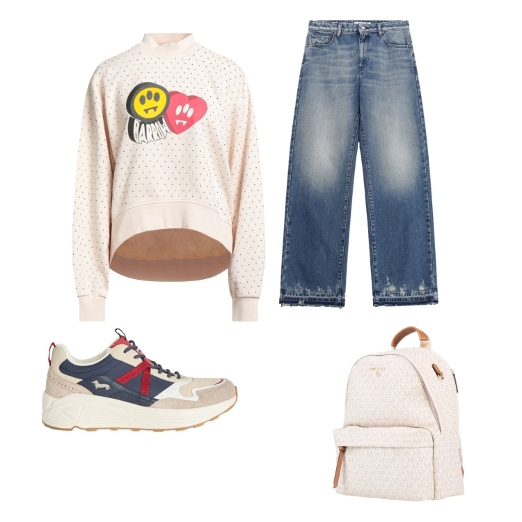 Outfit donna - Pop-Street Comfort & Denim Vibe. Stile Sporty chic per Tutti i giorni. Abbinamento con zaini, felpe, sneakers, jeans.