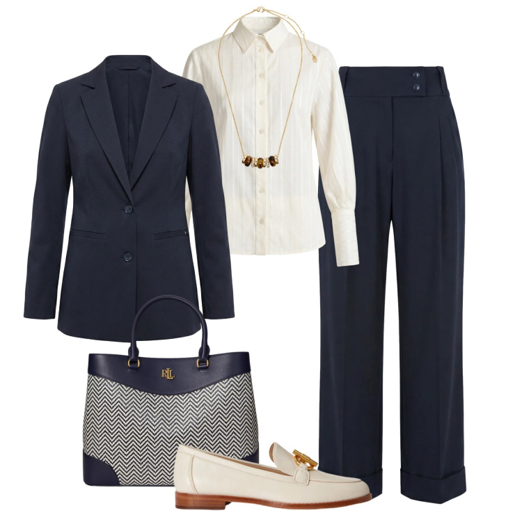 Outfit donna - Harmont versione glam. Stile Glamour per Ufficio. Abbinamento con pantaloni, camicie, blazer, collane, borse a mano, mocassini.