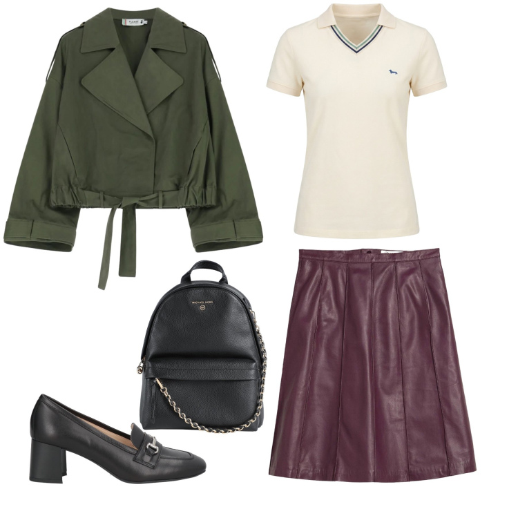 Outfit donna - Modern Preppy & Leather Textures. Stile Glamour per Tutti i giorni. Abbinamento con zaini, mocassini, gonne, polo, parka.