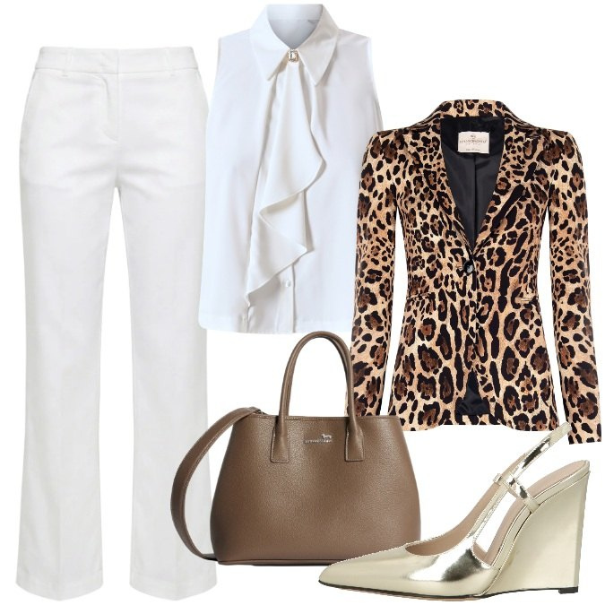 Outfit donna - Bianco, oro e tigre. Stile Trendy per Ufficio. Abbinamento con décolleté, pantaloni, borse a tracolla, blazer, camicie.