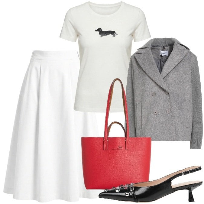 Outfit donna - Primavera all\'orizzonte. Stile Vintage retrò per Ufficio. Abbinamento con caban, décolleté, t-shirt, gonne longuette, shopping bag.