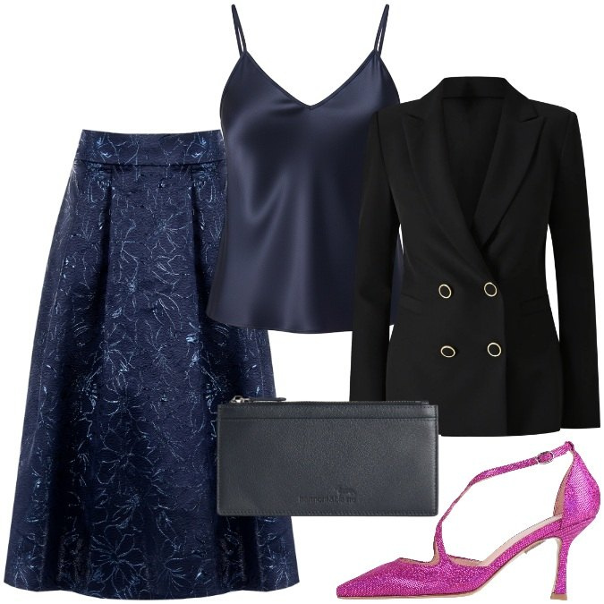 Outfit donna - L\'eleganza del blu. Stile Chic per Cerimonia. Abbinamento con décolleté, portafogli, canottiere, gonne longuette, blazer.