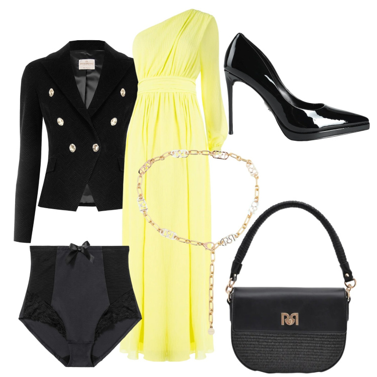 Outfit donna - Tocchi di luce. Stile Glamour per Serata fuori. Abbinamento con décolleté, culotte, borse a spalla, cinture, vestiti lunghi, blazer.