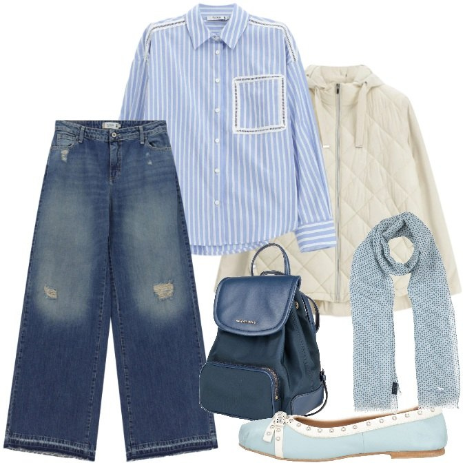 Outfit donna - La primavera alle porte. Stile Casual chic per Tutti i giorni. Abbinamento con sciarpe, ballerine, zaini, camicie, giacche, jeans dritti.