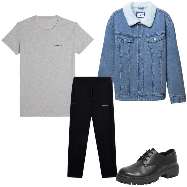 Outfit uomo - Denim & Contrast. Stile Trendy per Tutti i giorni. Abbinamento con scarpe stringate, giacche, t-shirt sportive, pantaloni.