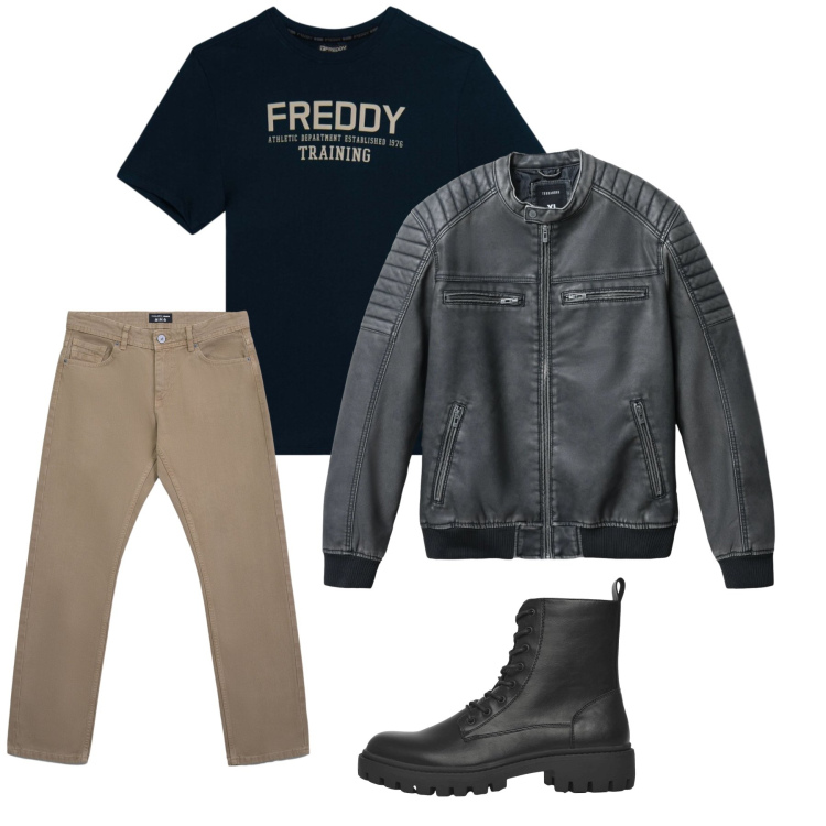Outfit uomo - Biker Core. Stile Trendy per Tutti i giorni. Abbinamento con anfibi, jeans, giacche, t-shirt.