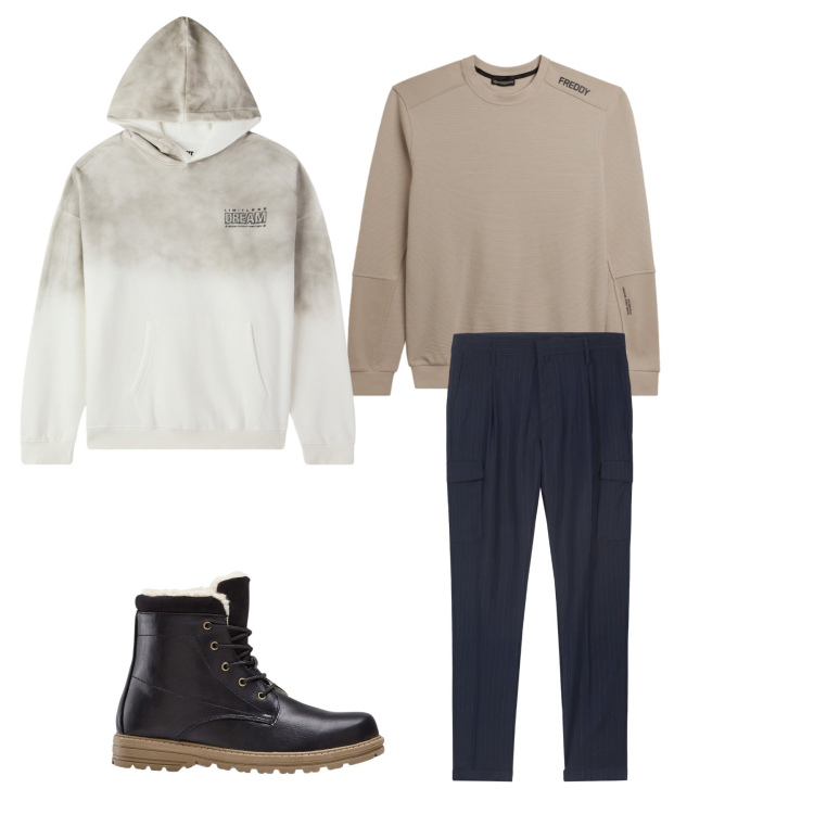 Outfit uomo - L\'Equilibrio dei Neutri. Stile Trendy per Tutti i giorni. Abbinamento con stivali e stivaletti, felpe con cappuccio, felpe, pantaloni cargo.