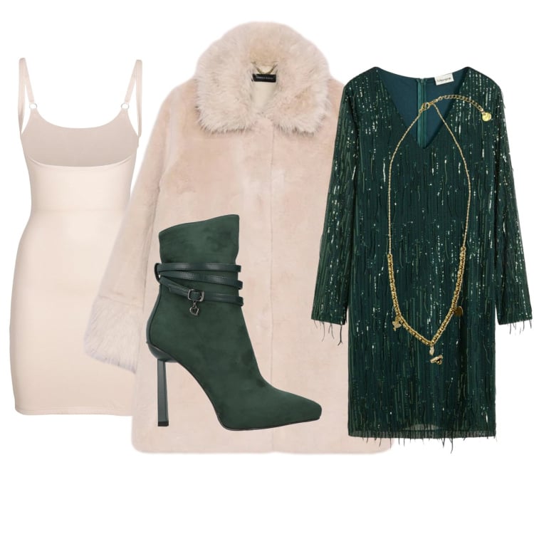 Outfit donna - Sopra e sotto il vestito. Stile Glamour per Serata fuori. Abbinamento con stivaletti, vestiti, sottovesti, cappotti, ciondoli.