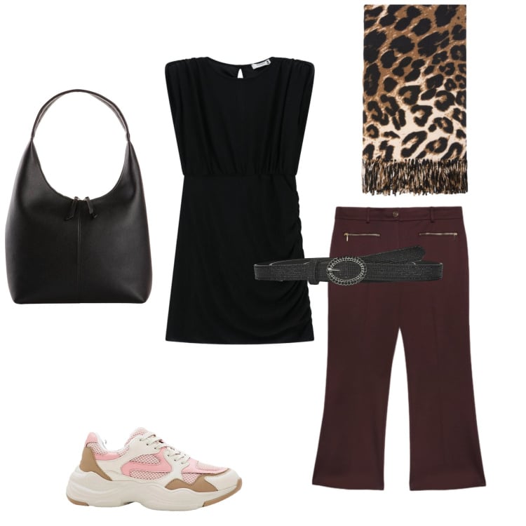 Outfit donna - Urban Sophisticate. Stile Glamour per Tutti i giorni. Abbinamento con sneakers, shopping bag, pantaloni, sciarpe, cinture, vestiti corti.