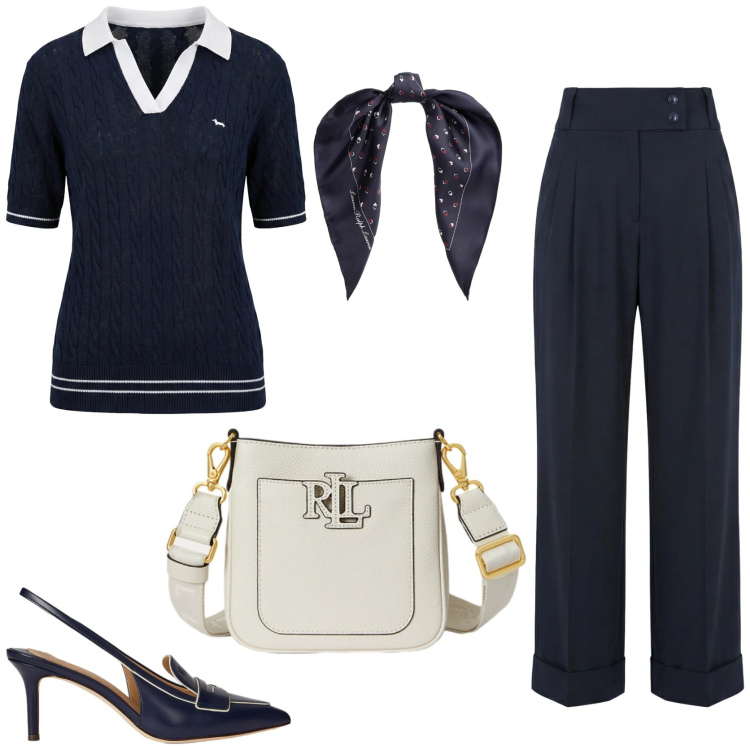 Outfit donna - Glamour. Stile Glamour per Tutti i giorni. Abbinamento con pantaloni, polo, borse a tracolla, décolleté, foulard.
