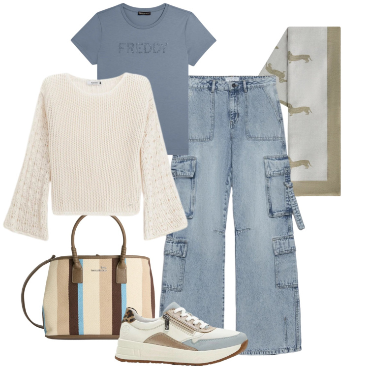 Outfit donna - Easy look. Stile Casual per Tutti i giorni. Abbinamento con sneakers, shopping bag, sciarpe, jeans, maglieria, t-shirt.